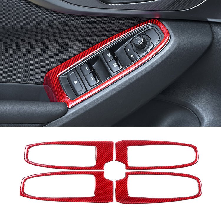 JDMuscle [22-26 WRX] P&S Series Carbon Fiber Window Switch Trim Covers 4 PC | Black Carbon Fiber/ Red Carbon Fiber