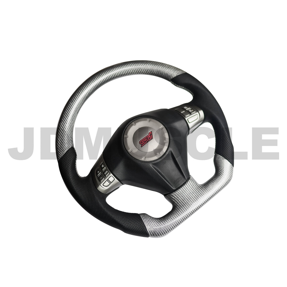 JDMuscle Custom Carbon Fiber Steering Wheel for 2008-2014 WRX/STI *| OPEN BOX *Silver CF w/ Black Perf. Leather & white stiching