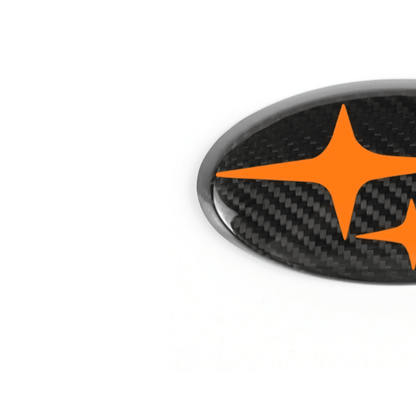 JDMuscle Tanso Carbon Fiber Subaru Emblem Covers Front & Back, Red/White/Blue [22-25 WRX, 15-21 WRX/STI, 18-23 Crosstrek, 17-23 Impreza]