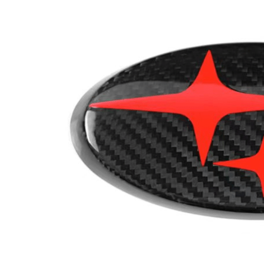 JDMuscle Tanso Carbon Fiber Subaru Emblem Covers Front & Back, Red/White/Blue [22-25 WRX, 15-21 WRX/STI, 18-23 Crosstrek, 17-23 Impreza]